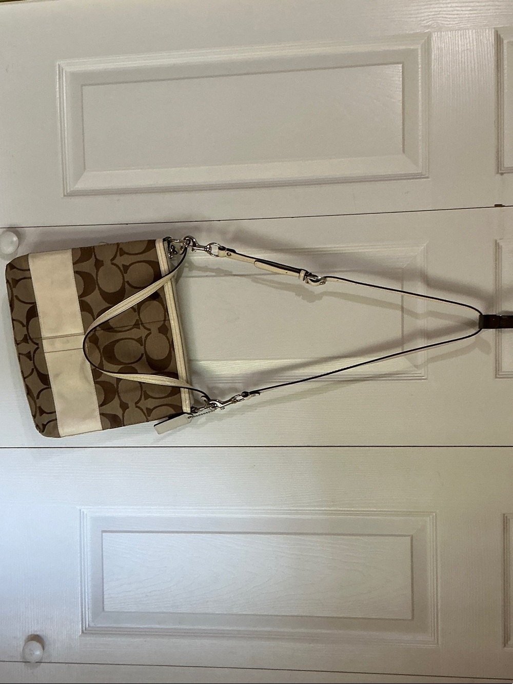 Coach Khaki Canvas Tote with Chalk Trim and Brown Leather Patch